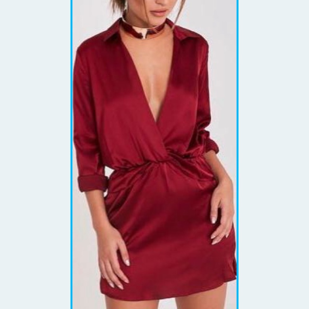 Red Silky Long Sleeve Dress
